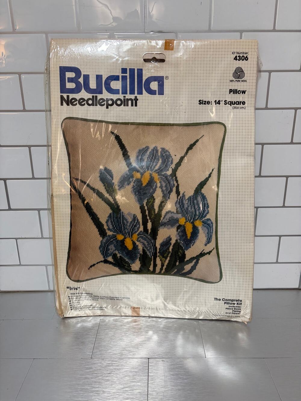 Vintage Bucilla Iris Needlepoint Pillow Kit #4306 14” Complete Sealed USA Wool